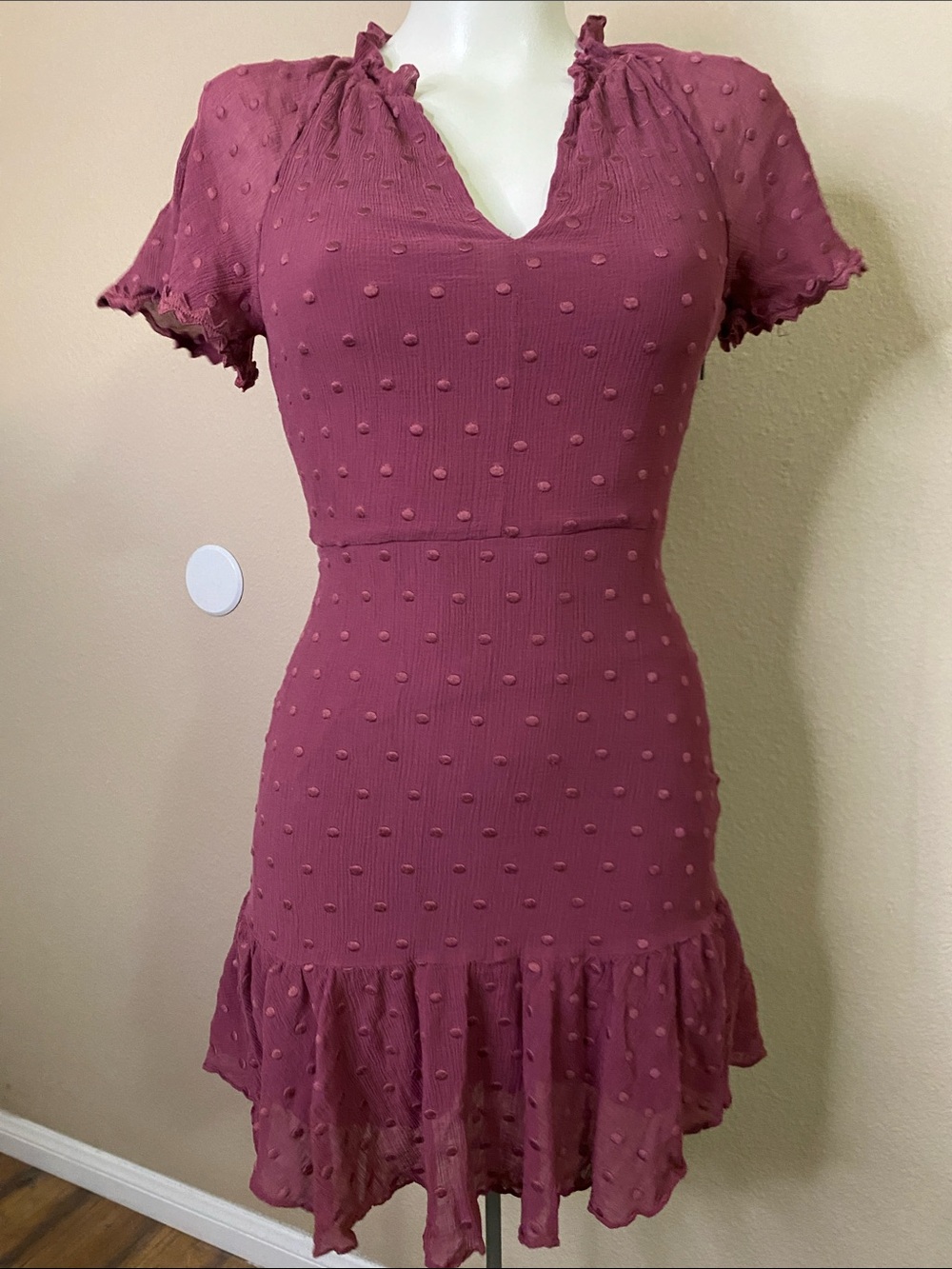 Rebecca Taylor mauve Textured silk cotton Dot Ruffle fitted Dress 2
